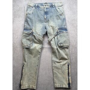 Standard Cloth Cargo Jeans Light Wash Zip Hem Strap Y2K Men's 36‎